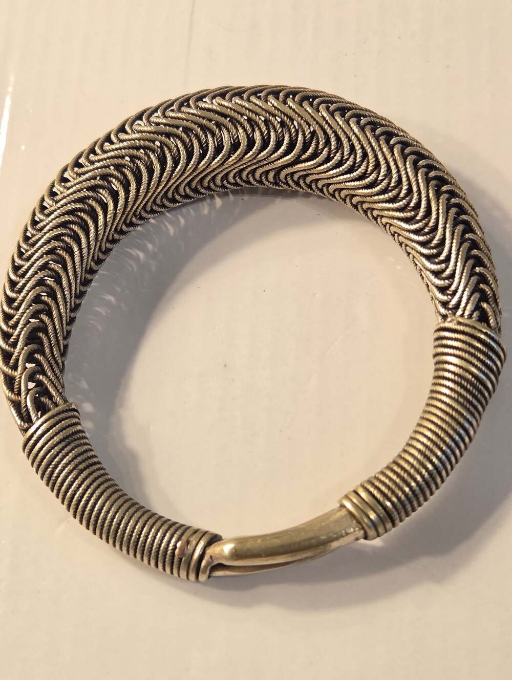 Handwoven Silver Tribal Miao Braided Cuff Bracelet - Silver